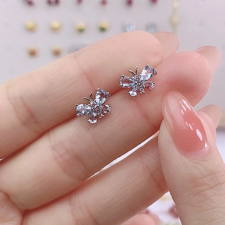 海蓝宝石耳钉银S925镶嵌