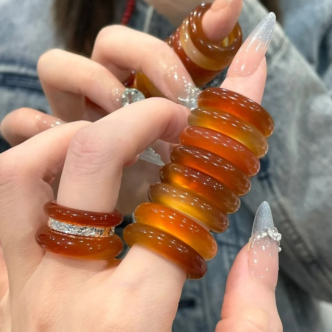 森烟天然多彩玛瑙戒指跑小红书爆款高冰戒圈手持跑环戒指珠宝奇石