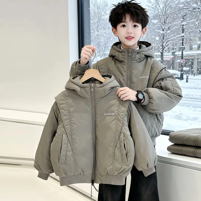 男童秋冬季外套夹棉加厚2025新款中大童冬装儿童男孩假两件棉服潮