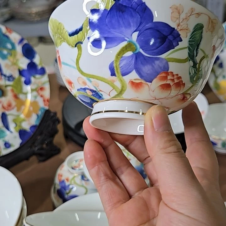 45%以上骨粉骨瓷珐琅彩荷塘4.5寸6个米饭碗666666