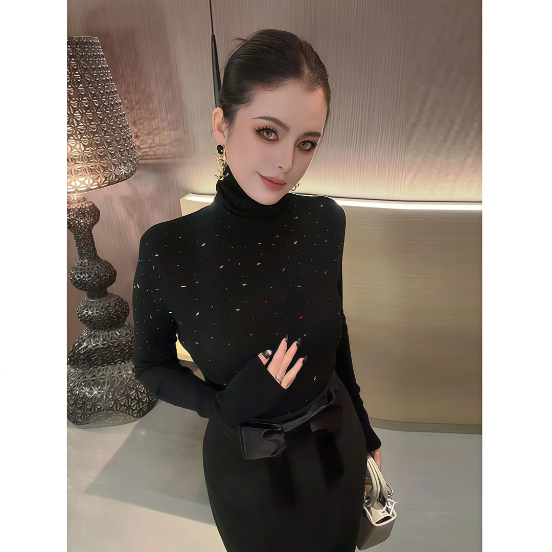韩系气质高领烫钻长袖针织衫T恤女秋冬季新款修身显瘦打底衫上衣