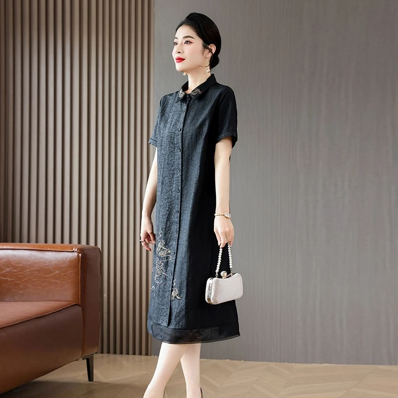 【后背独特】香云纱连衣裙新款2025龟裂纹国风裙子真丝桑蚕丝新中