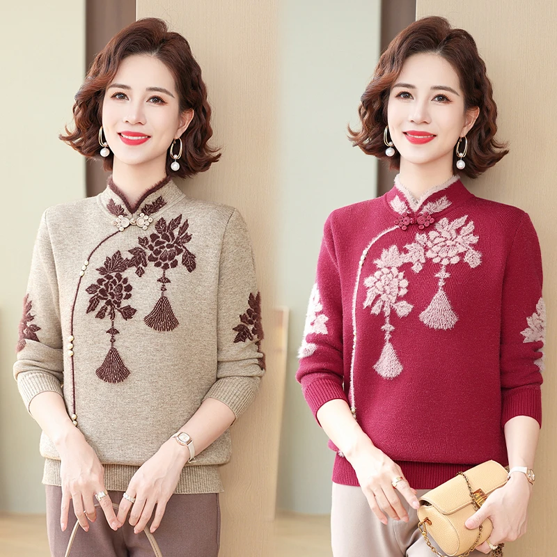 妈妈毛衣气质旗袍领国风中老年妈妈装加绒毛衣秋冬洋气半高领