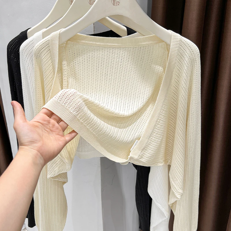 杏色镂空长袖针织开衫女夏2025新款防晒罩衫吊带外搭短款坎肩上衣
