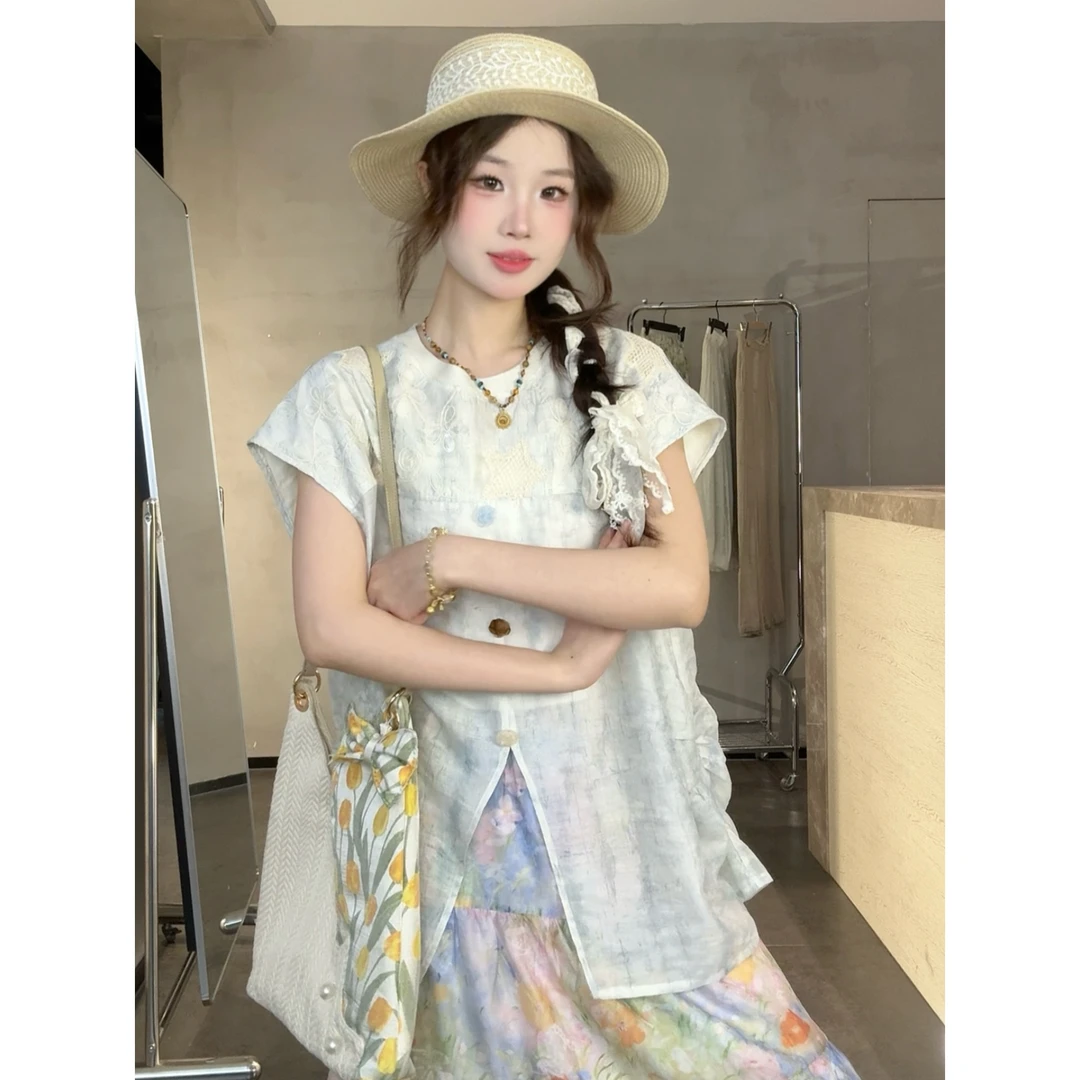 VGVL新款下摆开衩小清新上衣女