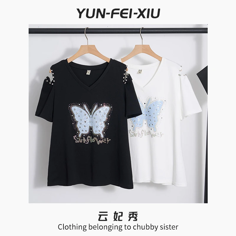 云妃秀大码女装T恤时尚蝴蝶百搭V领镂空上衣微胖显瘦通勤夏5722