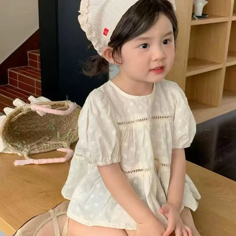 夏季植物花卉女韩版短袖纯色洋气女童衬衫甜美夏装小童女宝儿童