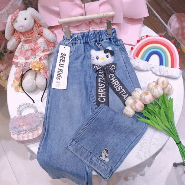 女大童加绒牛仔裤卡通秋冬加厚直筒裤微辣裤可爱百搭裤子女生