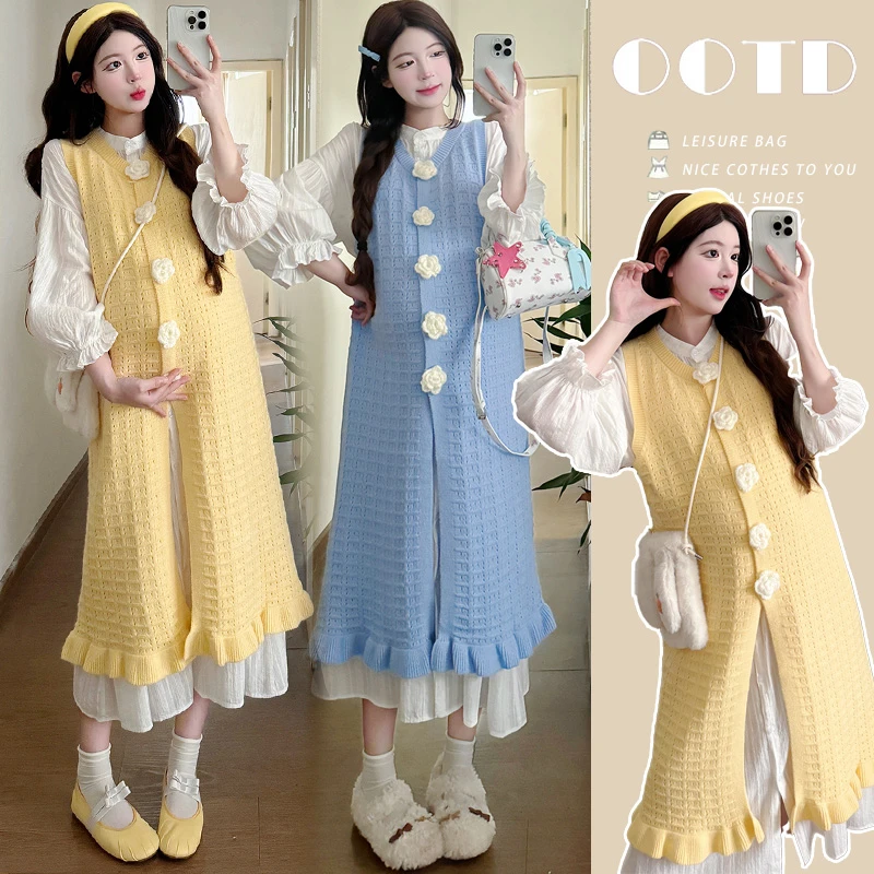 孕妇秋季法式气质减龄2025爆款宽松衬衫裙镂空山茶花鱼尾背心裙女