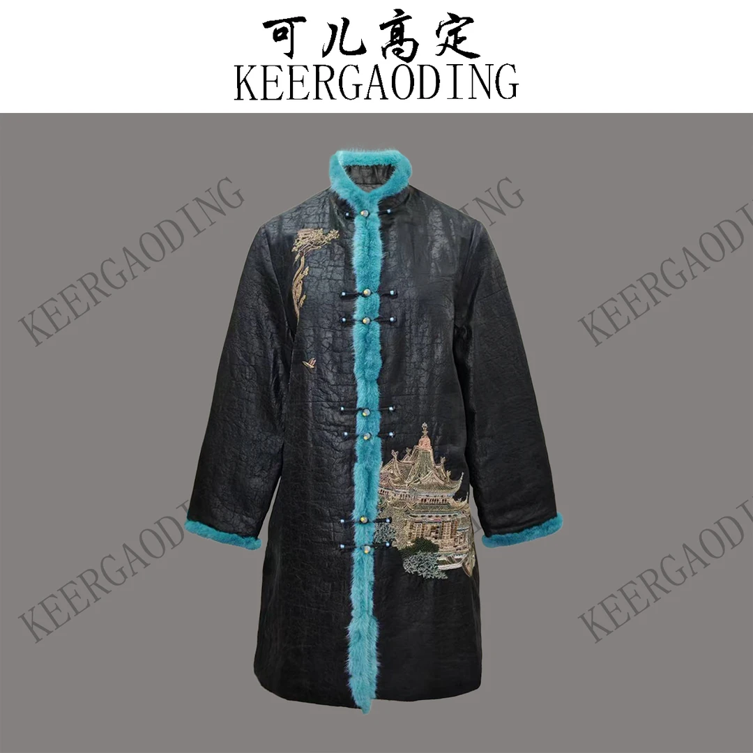 【可儿•高定】非遗香云纱重工手推绣拼水貂毛棉服大衣BT-825943