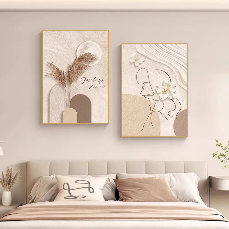 原木奶油风卧室挂画主卧床头装饰画抽象线条高级房间民宿餐厅壁画