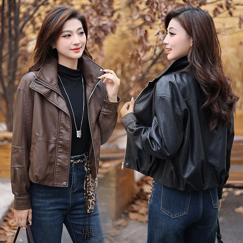 La babite加绒短皮衣外套2025秋冬新款宽松显瘦百搭夹克皮夹克
