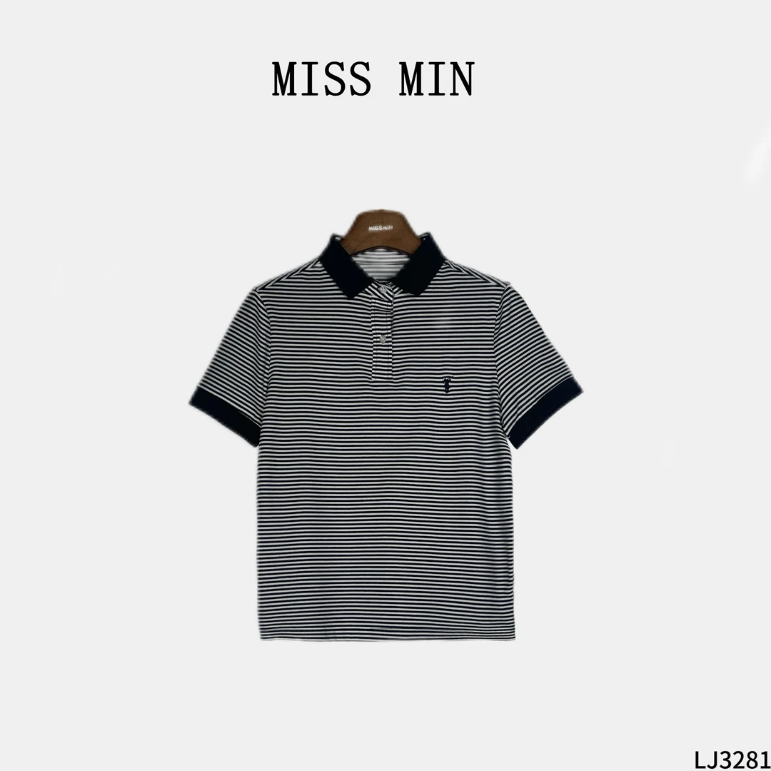 LJMISS MIN【简格】条纹T洋气衣服女复古休闲撞色舒适POLO衫 LJ3281