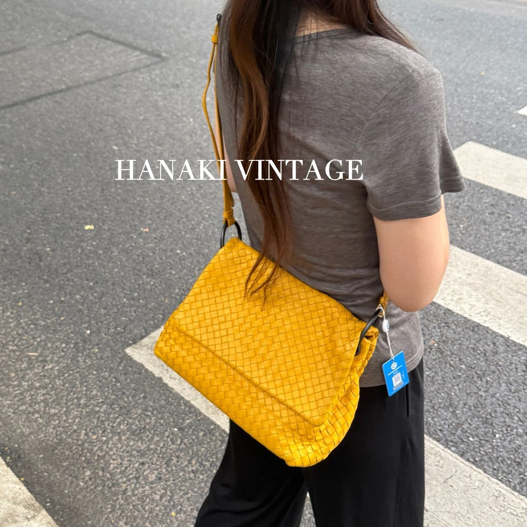 95新 BOTTEGA VENETA/葆蝶家 花绮中古/BV黄色编织斜挎包