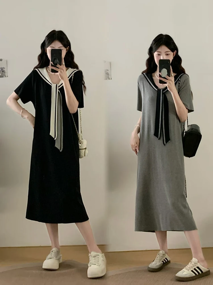 法式学院风短袖连衣裙气质遮肚显瘦裙子夏季新款休闲风气质长裙女