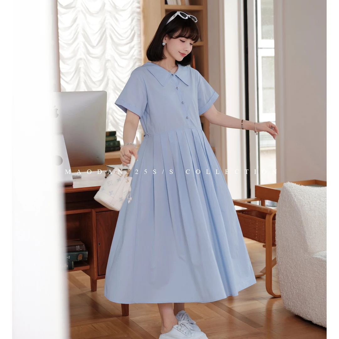 maodan/猫单【浅蓝格调】孕妇连衣裙夏季可哺乳POLO领长款纯棉裙子