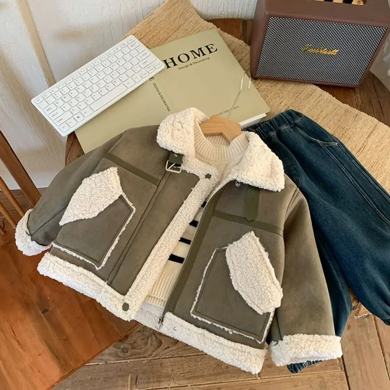 男童时髦皮毛一体加绒外套2025冬装中小童羊羔绒上衣加厚机车服潮