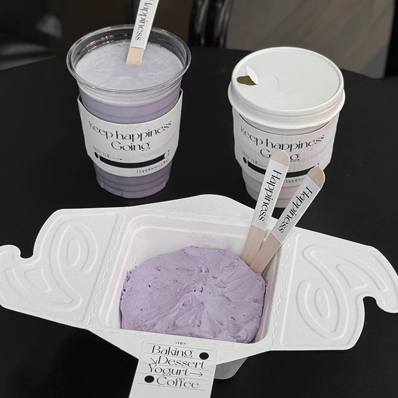 一次性酸奶碗白色餐盒纸浆标签不干胶纸杯pet冷饮杯瓦楞杯套定制