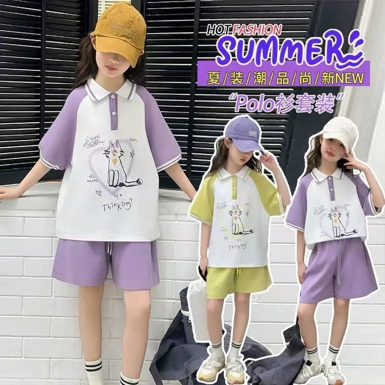 【断码清货】2025夏洋气涂鸦猫咪女童套装 D526 526