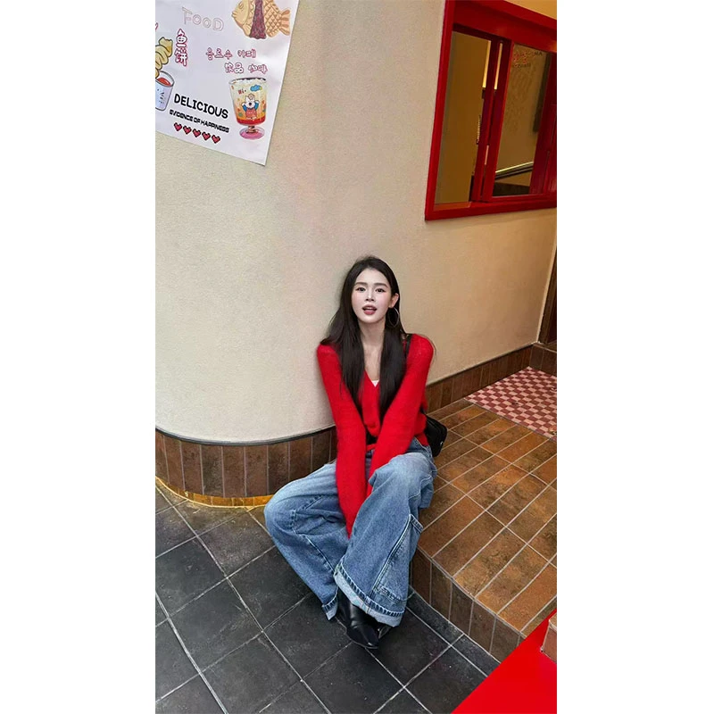 秋季新款修身显瘦网红穿搭针织宽松上衣休闲简约直筒牛仔长裤套装