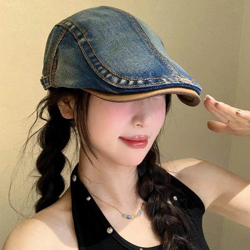 VELAORA牛仔帽子大头围水洗英伦风小复古春夏反戴帽女显脸贝雷帽