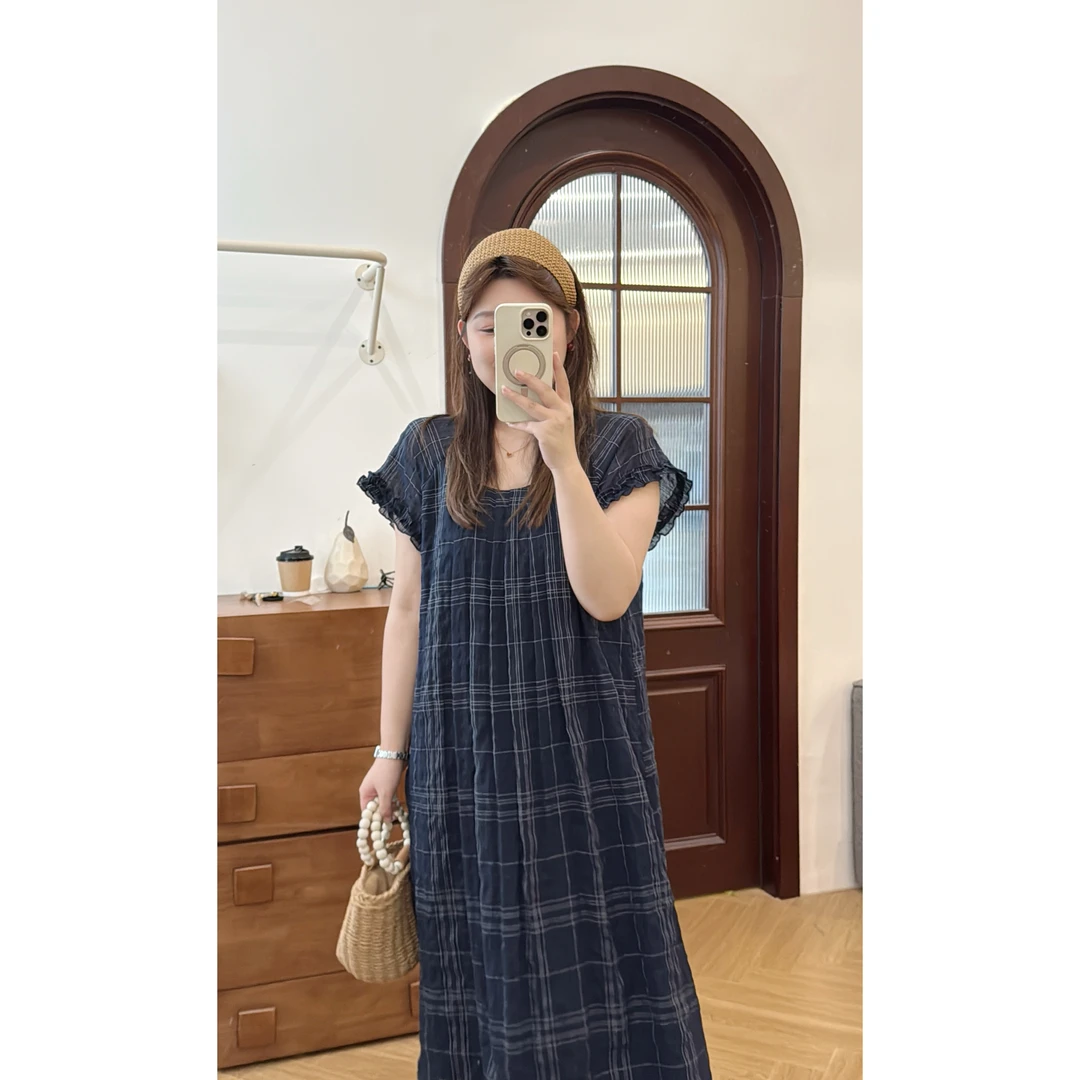 晶咕佳佳【蓝梦篇章】花边袖口格纹轻薄连衣裙气质休闲森系夏季