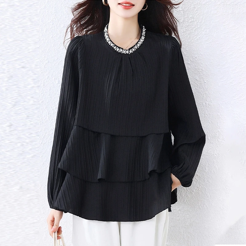 别致长袖雪纺衫女2025春季新款大码女装胖mm宽松遮肚子衬衫上衣