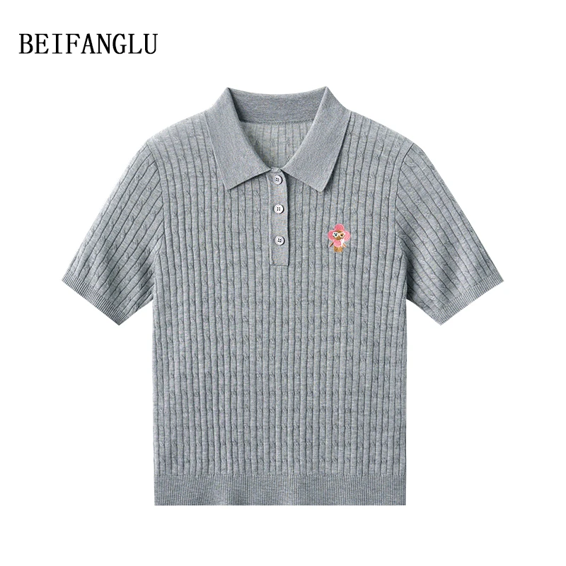 北方鹿【莱赛尔三醋酯】夏季气质时尚绞花刺绣POLO领针织短袖251063