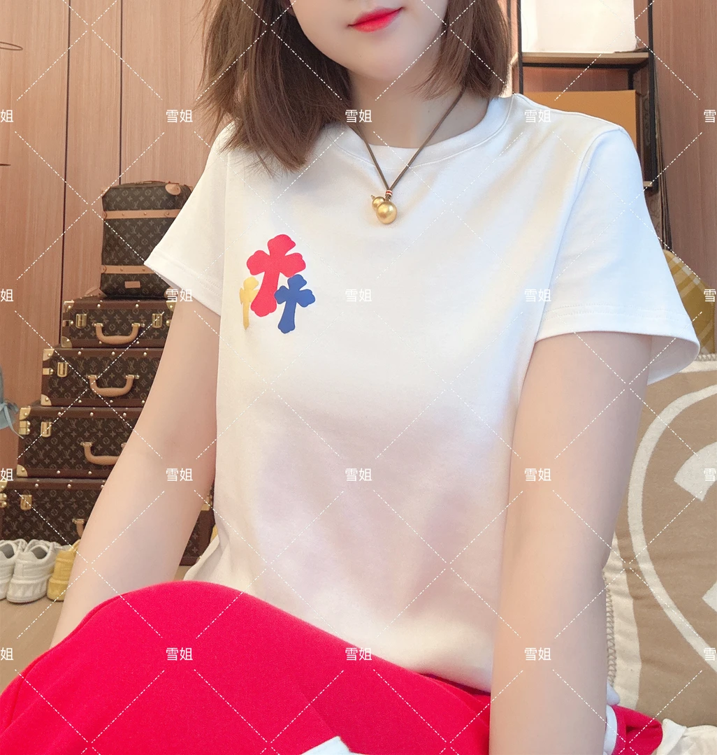 雪姐服饰「克罗T」彩色十字印花宽松圆领T恤创意别致短袖