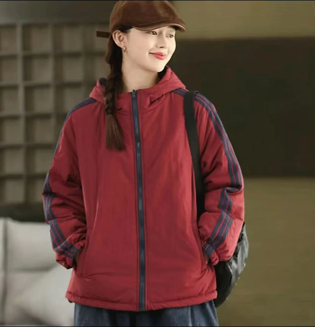 2025新拼接女厚款连帽棉衣连帽宽松棉服两面穿保暖户外