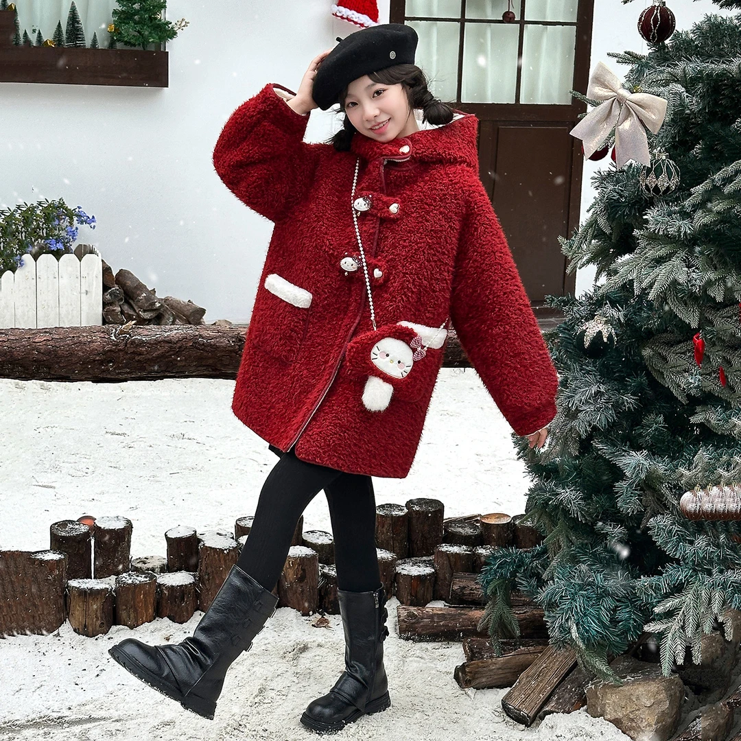 女童加绒外套秋冬2026新款洋气大童儿童冬季女孩加厚红色连帽上衣