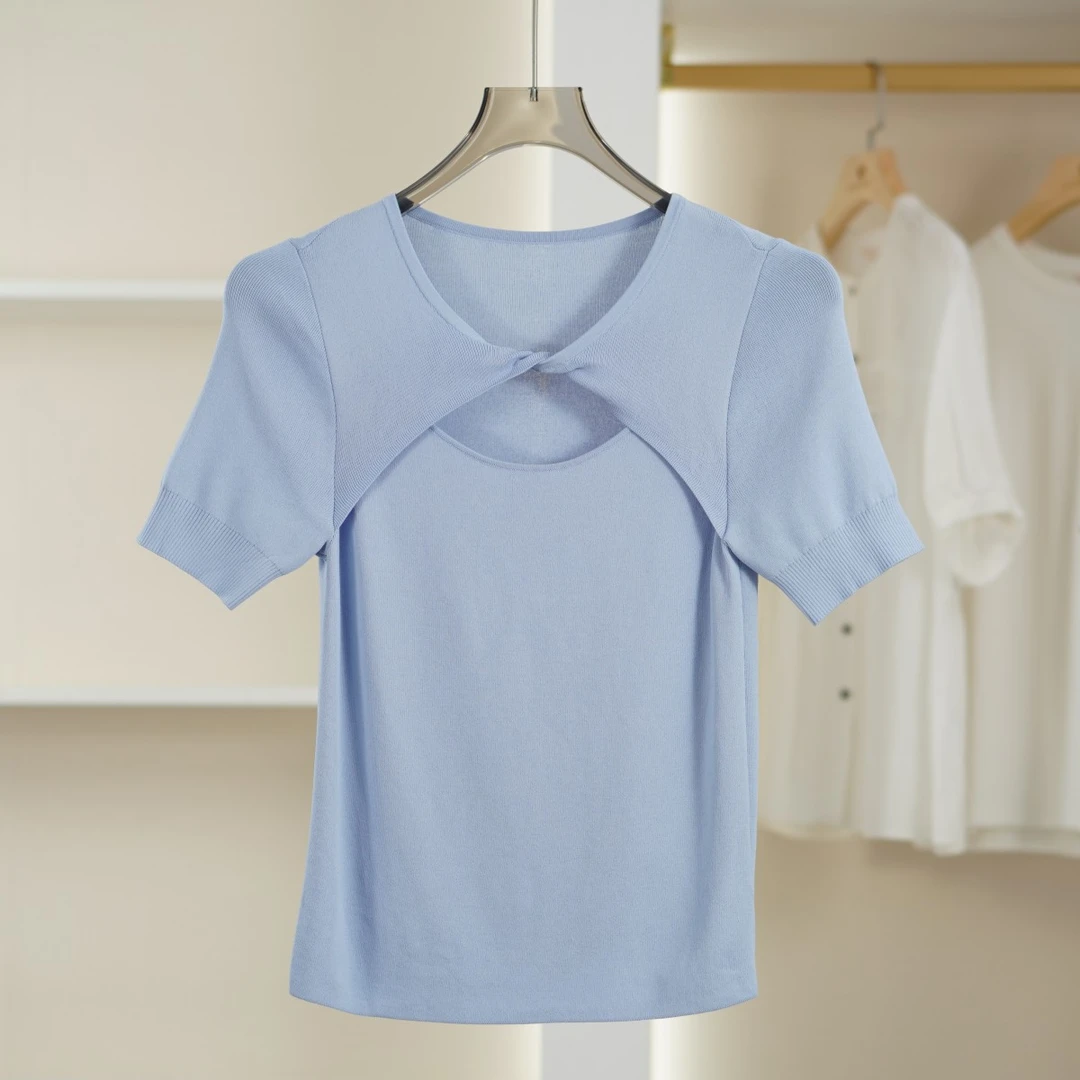 麦迪尚品【H】K1195春夏温柔文艺短袖优雅气质针织上衣湖蓝色短款