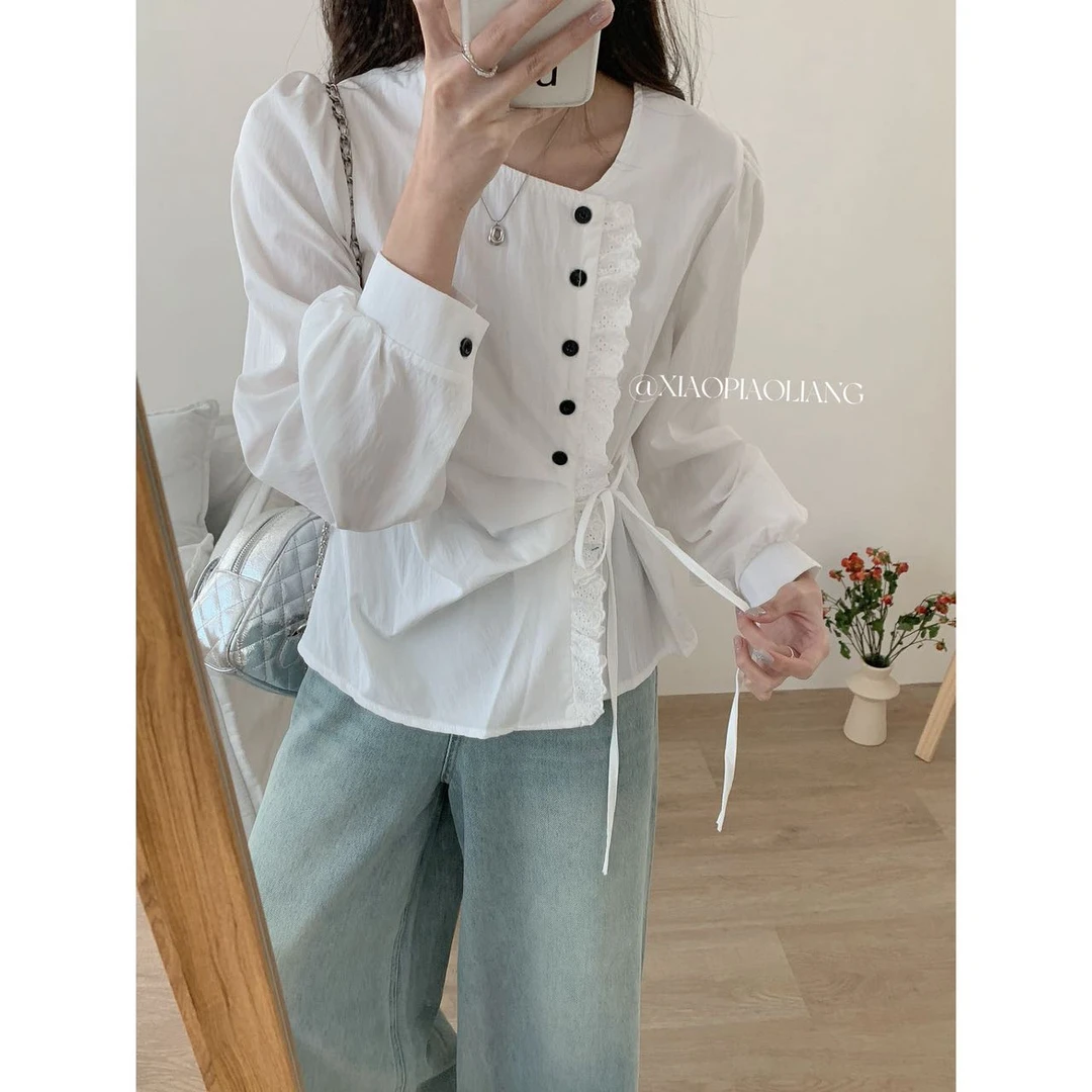 FEI FEI-韩版新款不规则木耳边设计感衬衣显瘦纯色上衣1658#0.12