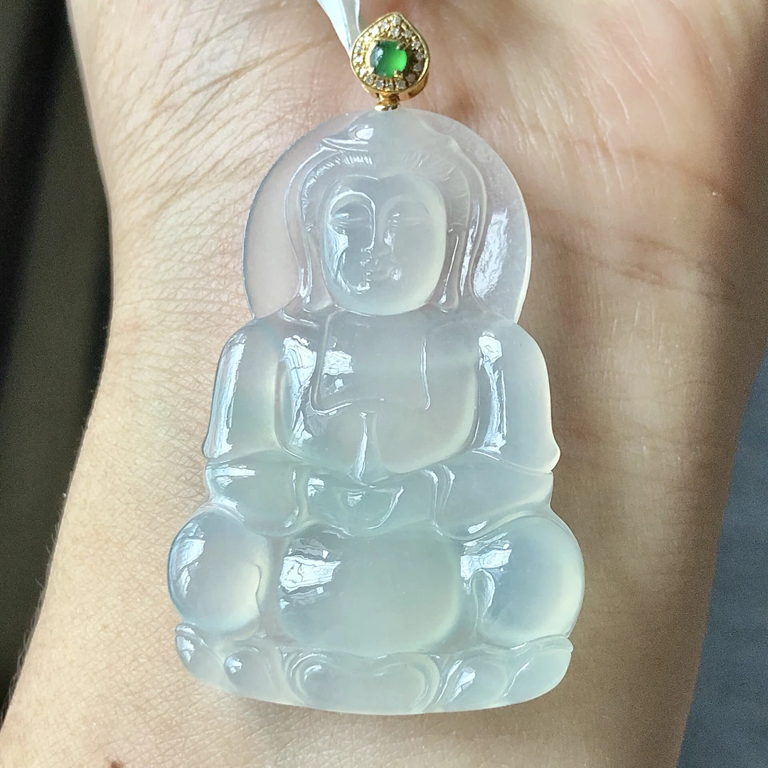 缅甸天然A货翡翠18k金镶嵌老坑冰种正装观音吊坠尺寸50.3/30/4.8