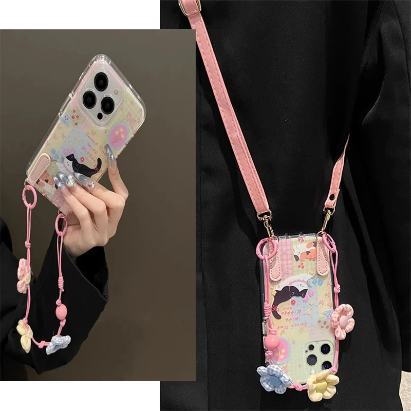 碎花小猫斜跨绳适用苹果16promax手机壳华为/荣耀/OPPO/vivo/小米