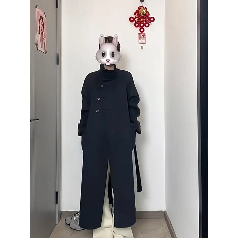 小月~长款外套厚款韩式休闲风 立领半扣双面羊毛大衣外套1022