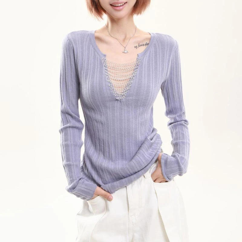 韩版设计感串珠长袖针织衫上衣女2025年春季新款纯色V领修身毛衣