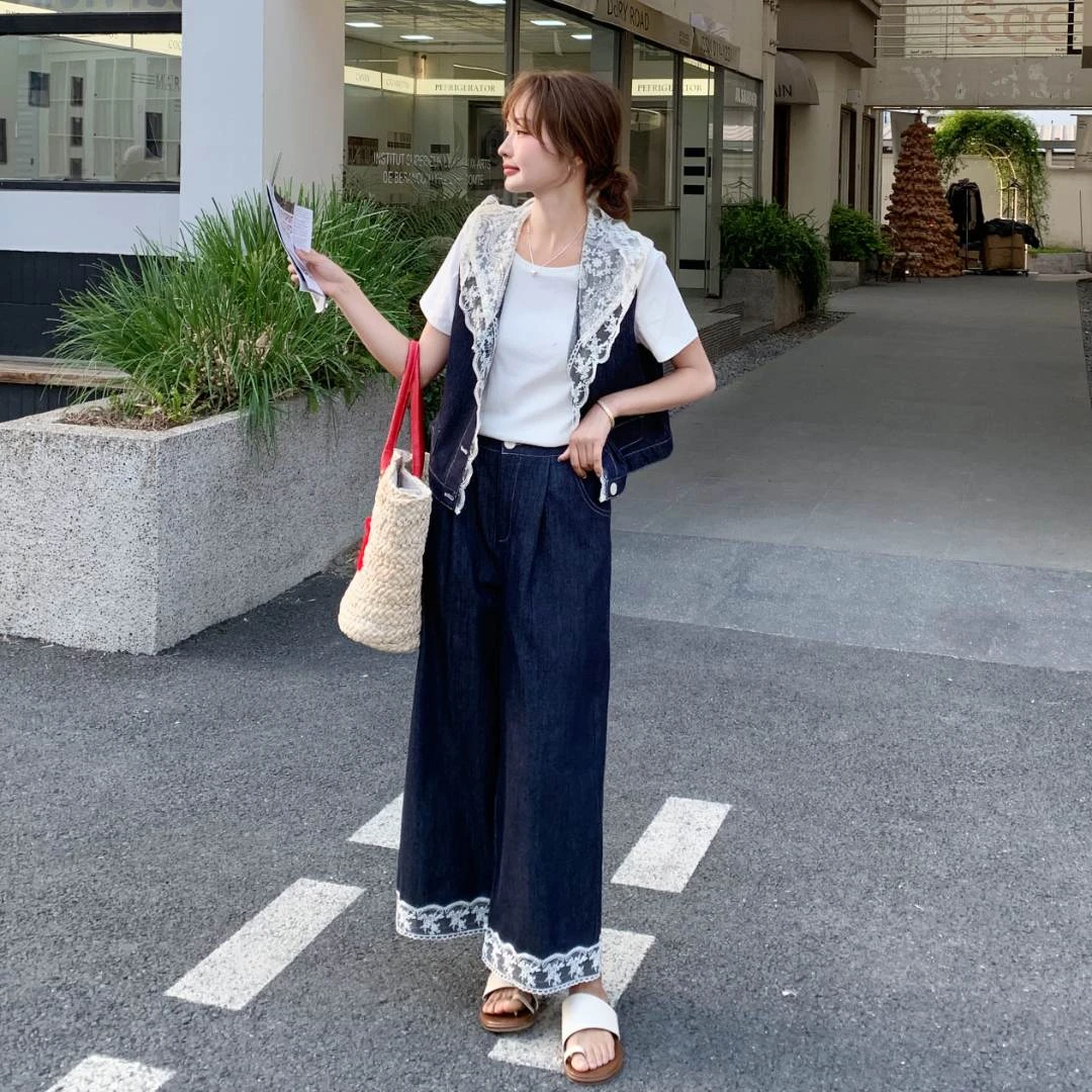 蕾丝拼接连帽牛仔马甲套装女2025夏季新款慵懒风简约舒适高腰显瘦