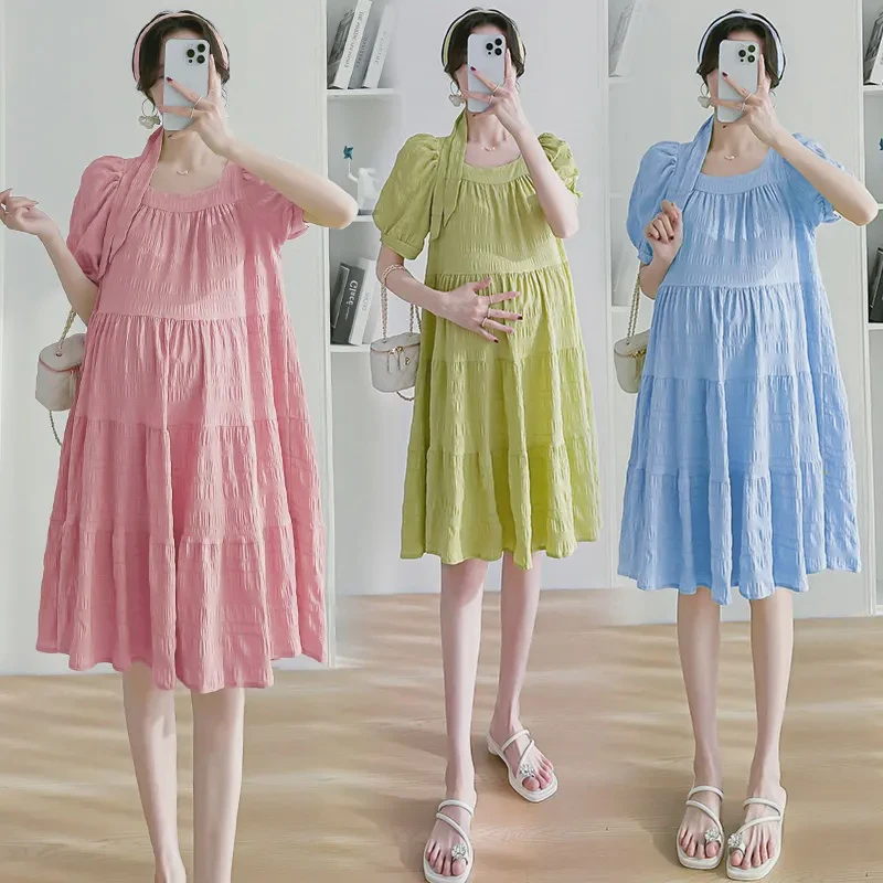 孕妇装连衣裙夏季新2024款韩版宽松连衣裙短袖大码a字孕妇裙子潮