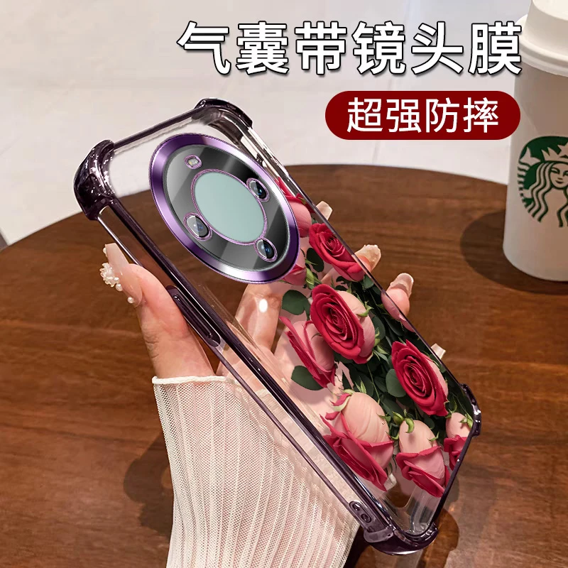 适用华为畅享70X手机壳女款透明防摔硅胶自带镜头膜BRE-AL80花朵