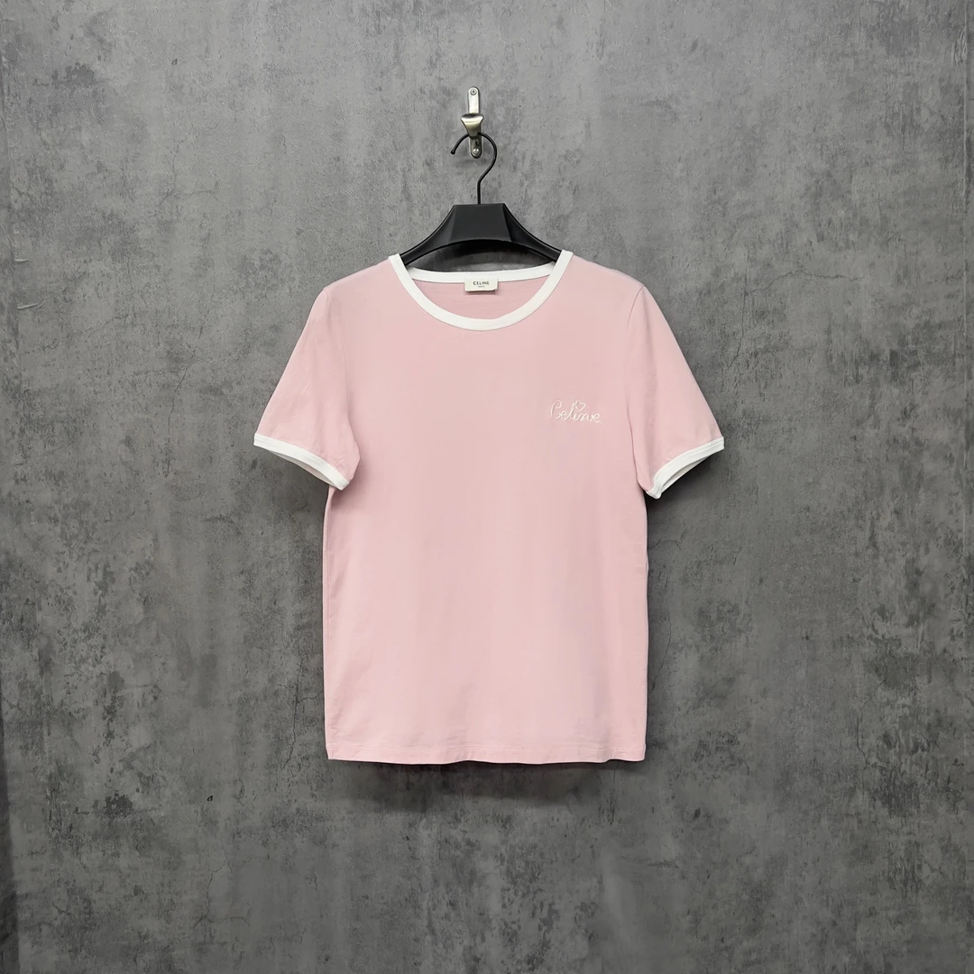 99新 Celine/思琳 刺绣爱心Logo白粉撞色短袖/ZK462/M码