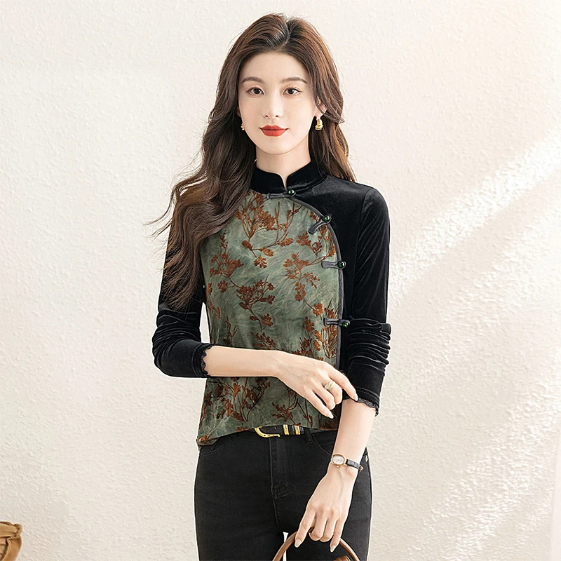 丝柏舍2025秋装新款女装新中式复古修身盘扣立领打底衫S43B6409EA