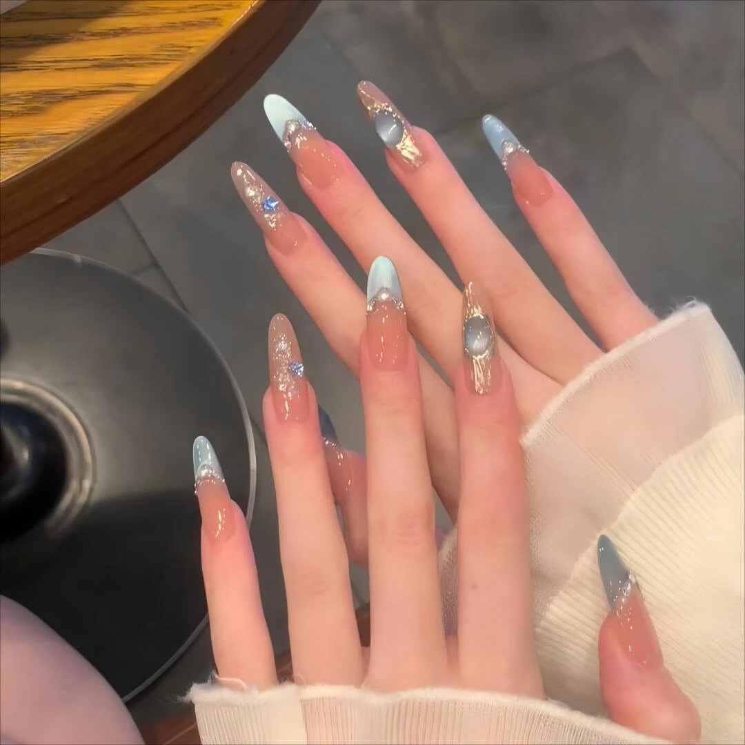 手工穿戴甲布契拉提蓝色晶石猫眼魔镜美甲贴片高级显白长款杏仁甲