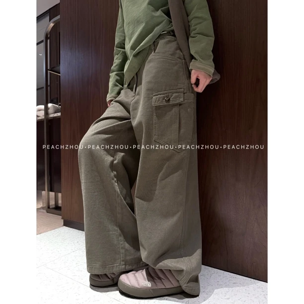 PEACHZHOU 斜纹棉工装口袋抓毛腰围可调节裤脚宽松系扣直筒休闲裤