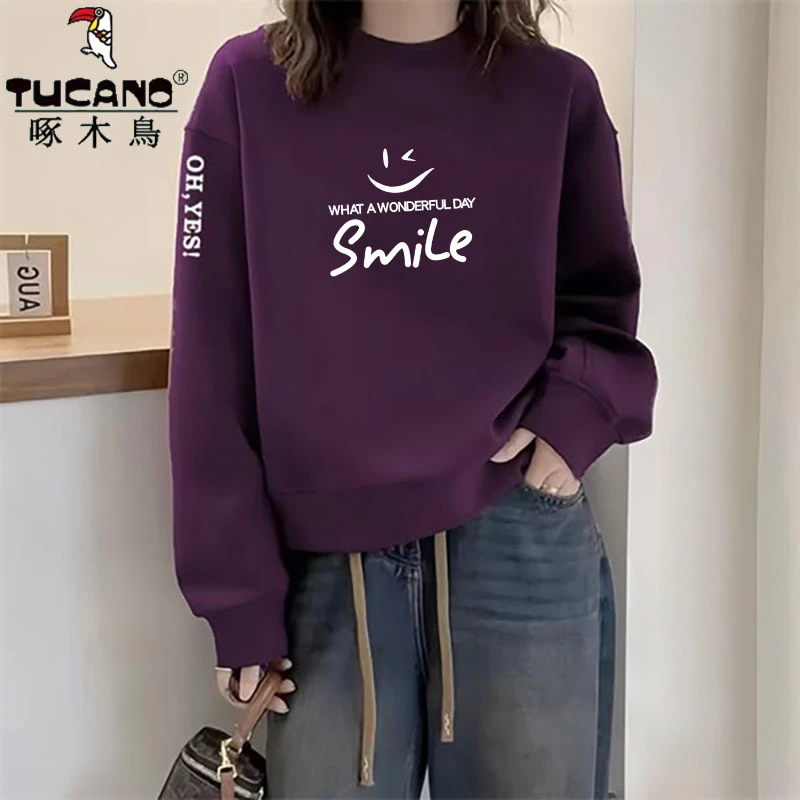 啄木鸟纯棉简约百搭高档韩系复古减龄卫衣女时尚休闲宽松显瘦上衣