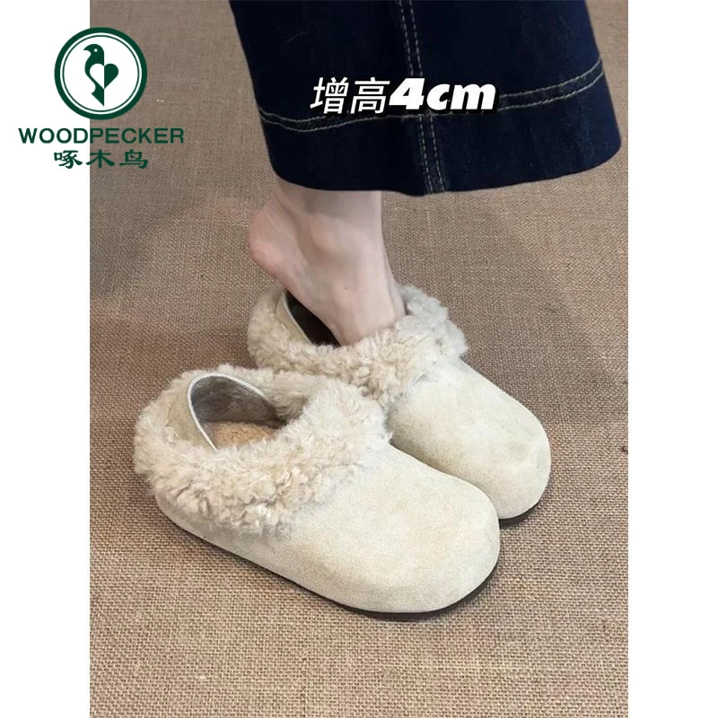啄木鸟内增高加绒勃肯鞋女2025冬新款两穿厚底毛毛鞋保暖防滑棉鞋