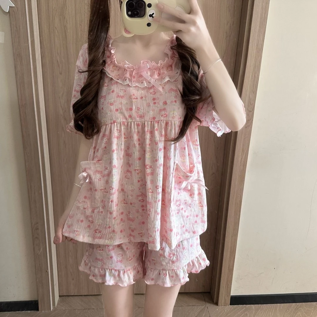 【小软摘星星】夏季可爱卡通美乐蒂蕾丝花边短袖短裤睡衣