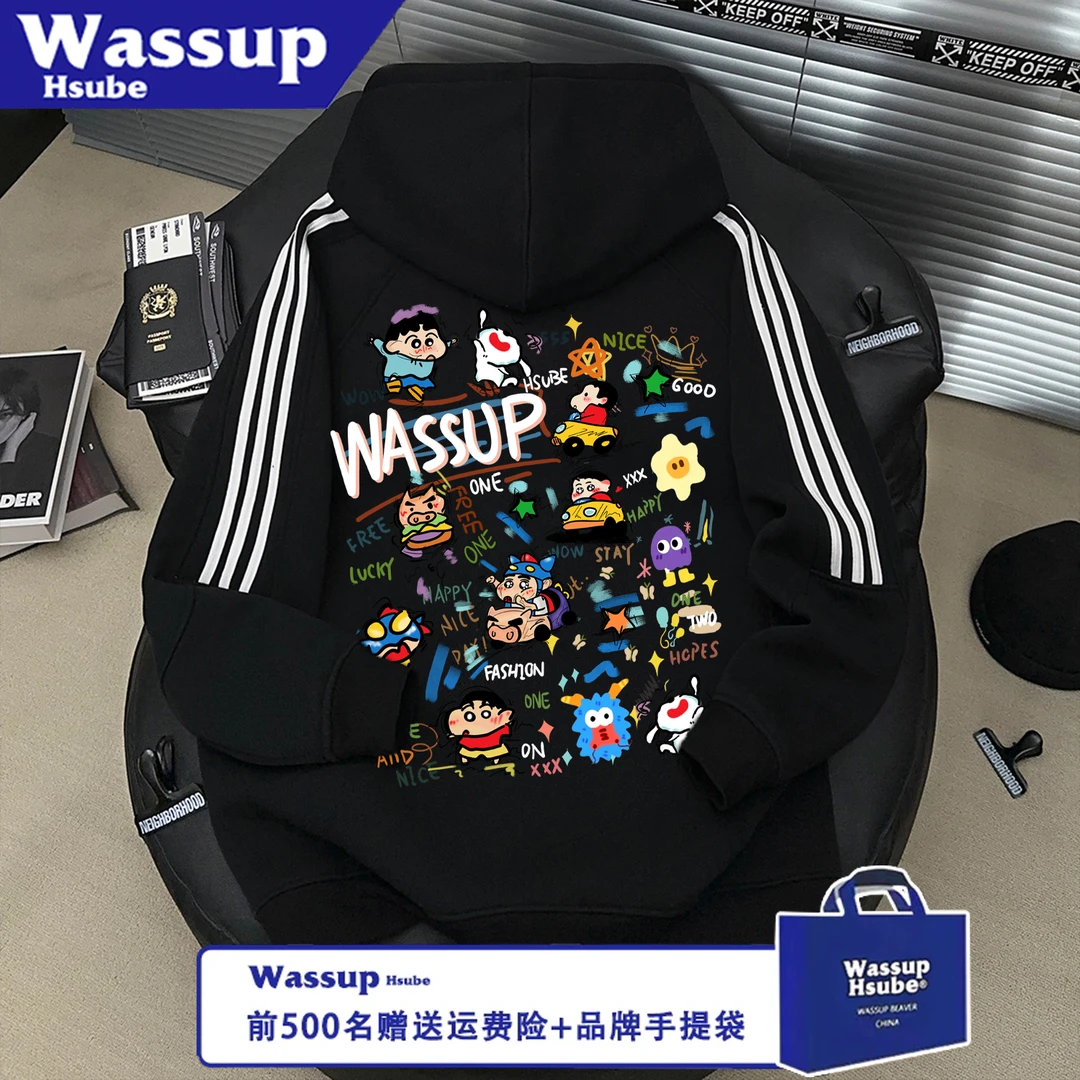 WASSUP HSUBE潮情侣卡通可爱小新秋冬宽松长袖拉链印花三条杠上衣