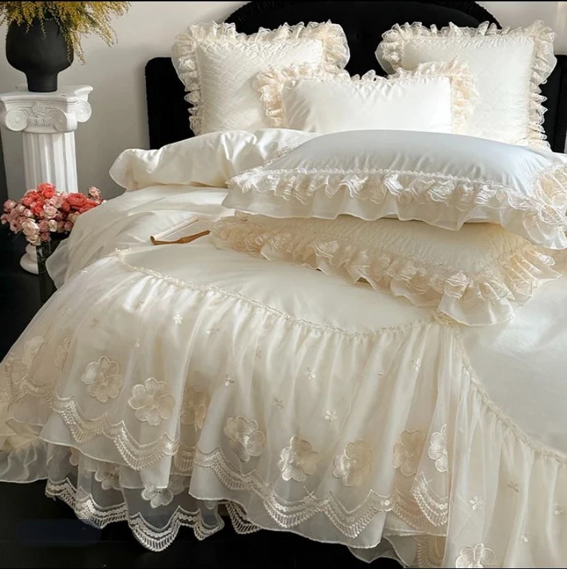 仙气100%纯棉法式四件套全棉米白色公主风网红纯色高级感裸睡蕾丝