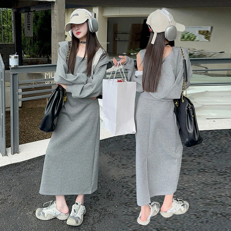 女童2024春秋短款运动卫衣帽衫外套百搭套装长款吊带连衣裙套装